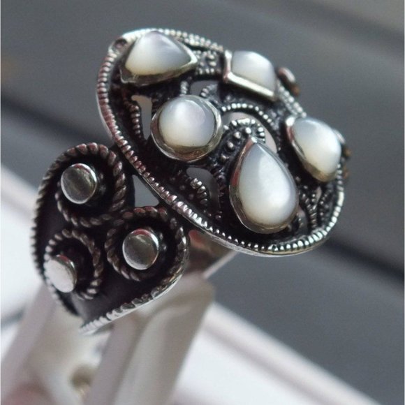 Sterling Silver Moonstone Cluster Statement Ring, Size 7, Unique Split Band - Picture 6 of 9